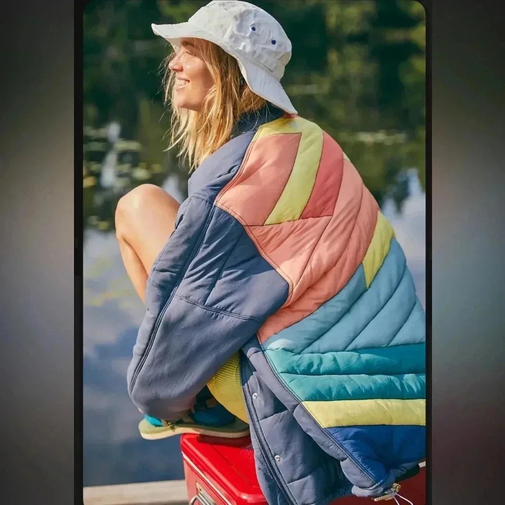 Free People Movement  Midnight Moon Bomber Quilted Jacket Rainbow Blue XS